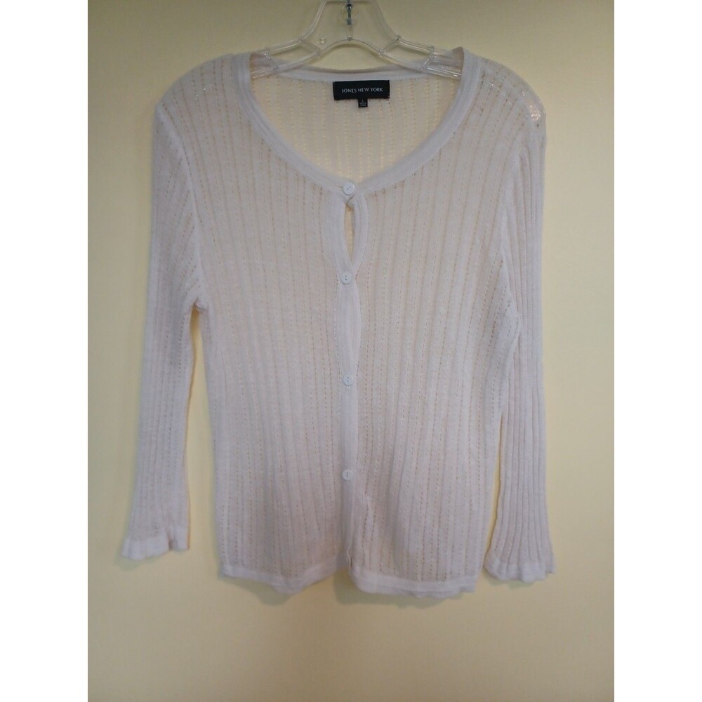 White pointelle cardigan L semi-sheer sweater fairy Y2K retro cottagecore 90s